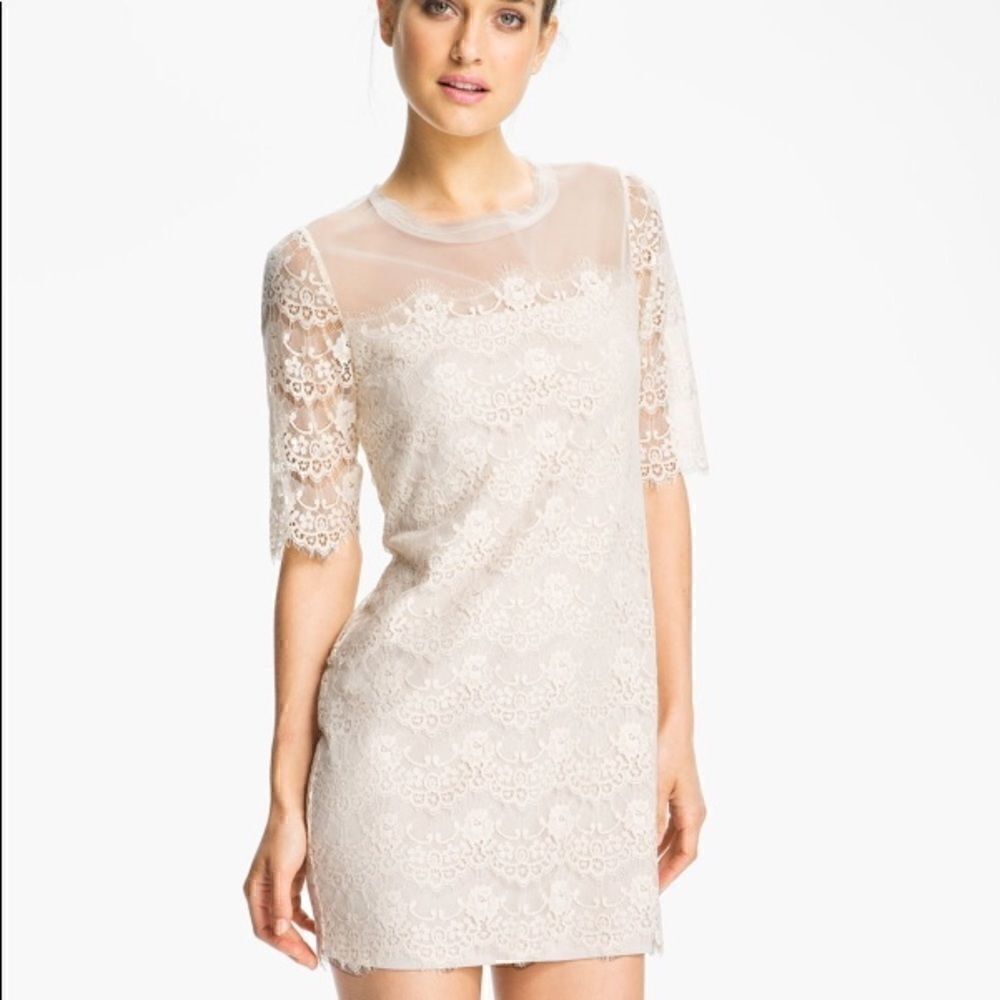 Max and Cleo Sz 4 Beige Lace Sheer Floral Lillian Mini Dress